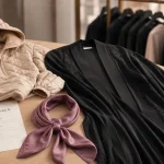 Vêtement en A : anorak beige, abaya noire, ascot mauve