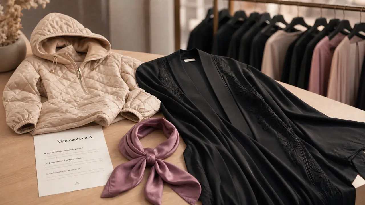 Vêtement en A : anorak beige, abaya noire, ascot mauve