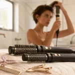 Brosse chauffante cheveux courts 19 mm en salle de bain chic