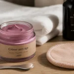 Creme anti age : crème et actifs anti-âge sur table en bois
