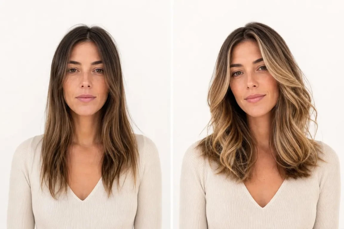 Coiffure avant après : transformation capillaire avant et après avec coupe modernisée et balayage lumineux