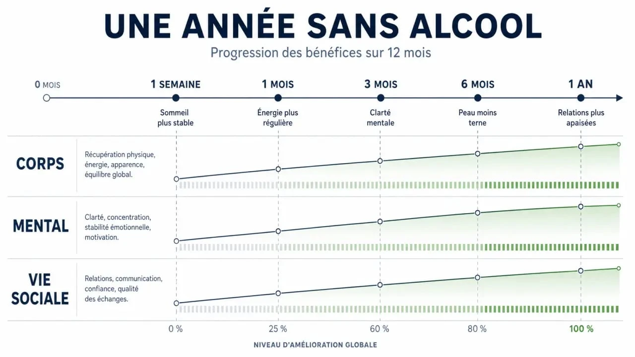 1 an sans alcool bienfaits : chronologie des effets sur le corps, le mental et la vie sociale