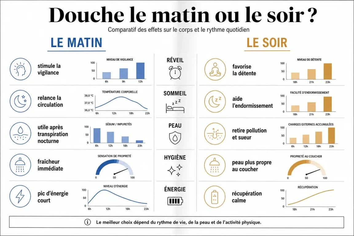 Douche le matin ou le soir : visuel comparatif des effets sur le réveil, le sommeil, la peau et l’hygiène