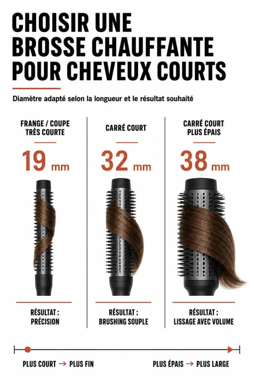 Brosse chauffante cheveux courts : infographie des diamètres recommandés selon la frange, le carré court et le volume recherché