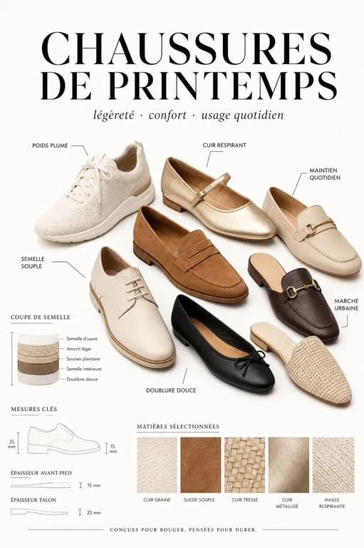 Chaussures printemps : sélection visuelle de baskets légères, mocassins, ballerines et mules aux tons écru, beige et camel