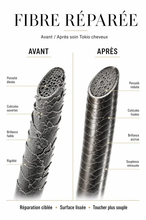 Soin tokio cheveux : schéma avant-après de la fibre capillaire sensibilisée