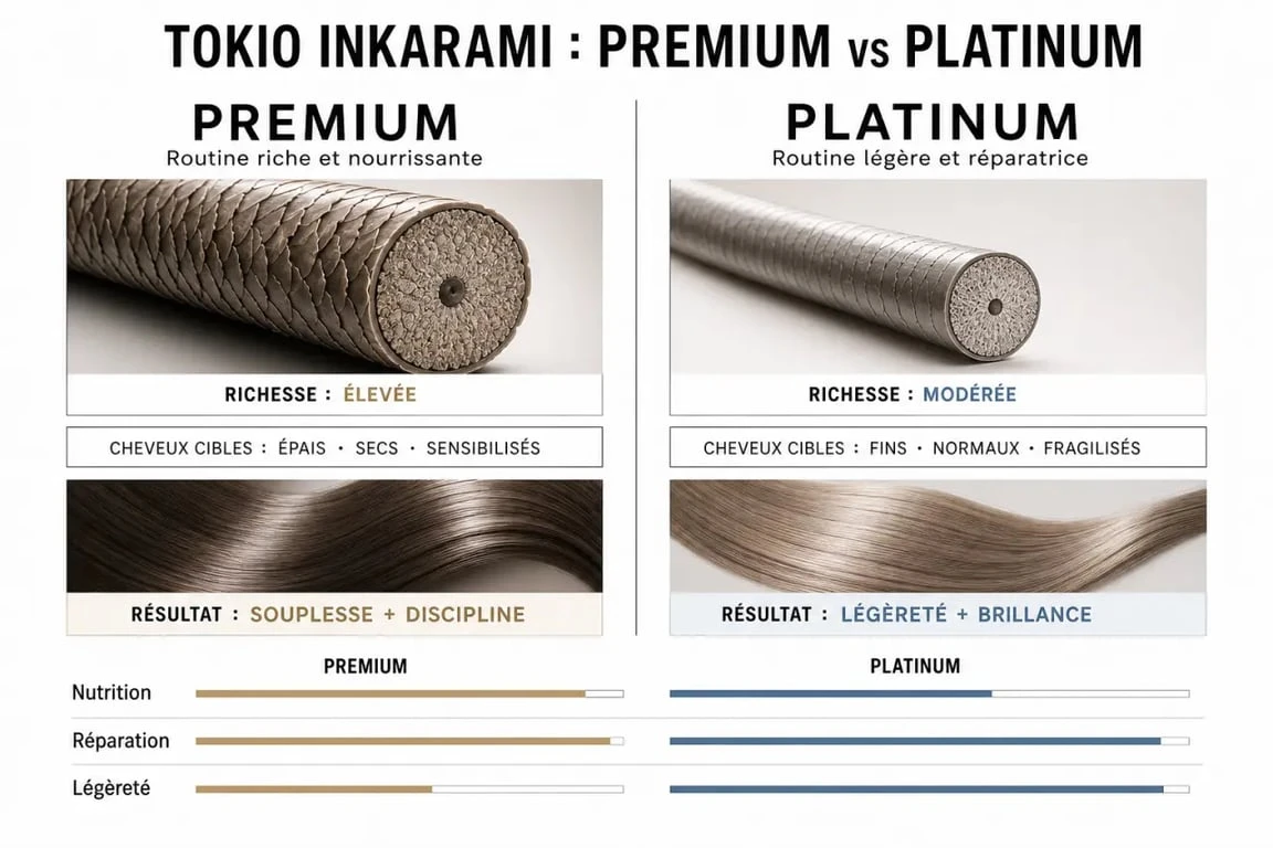 Soin tokio cheveux : comparaison visuelle entre Premium et Platinum pour mieux choisir la gamme adaptée