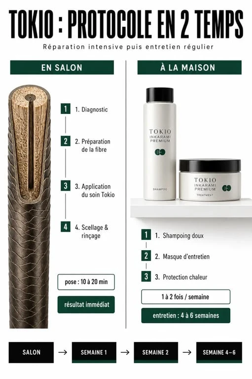 Soin tokio cheveux : schéma comparatif salon vs maison avec les étapes et la fréquence d’entretien