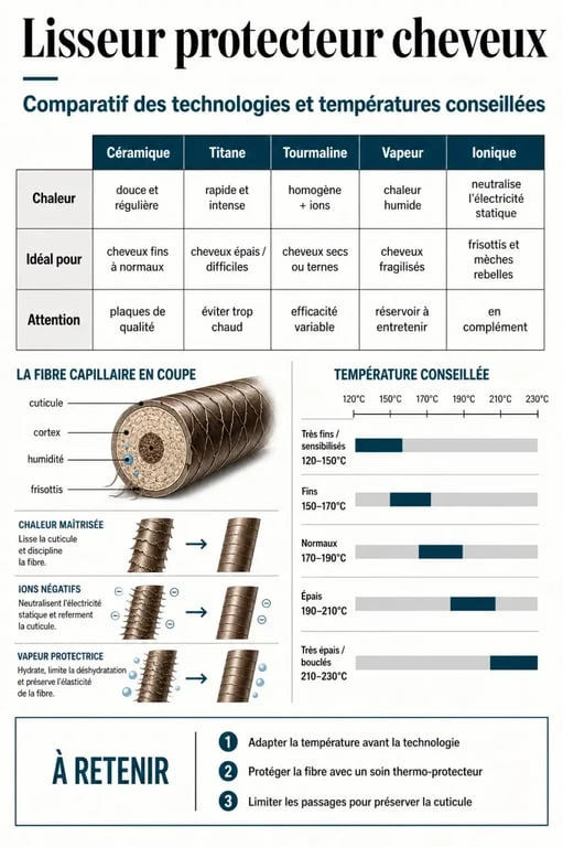 Comparatif d’un lisseur protecteur cheveux selon la technologie et le type de cheveux