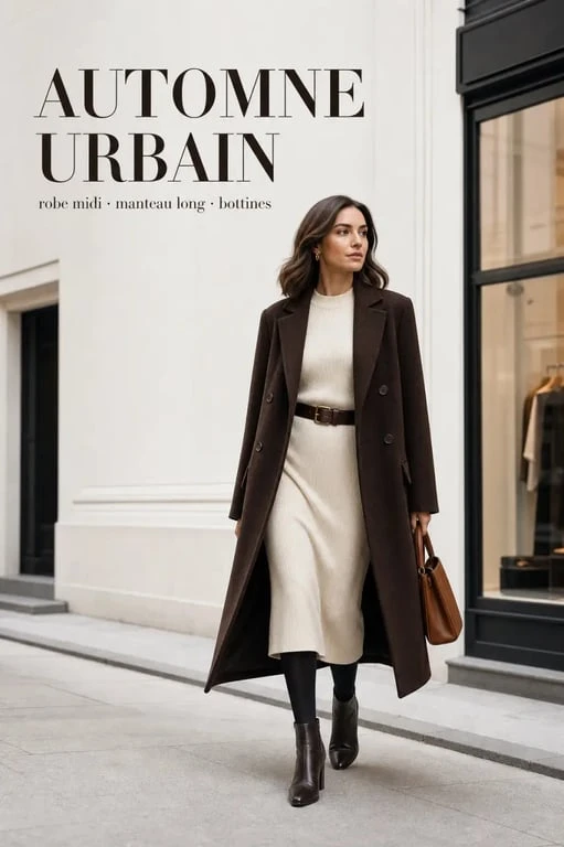 Robe automne femme portée dans un look éditorial avec manteau long, bottines et collants opaques