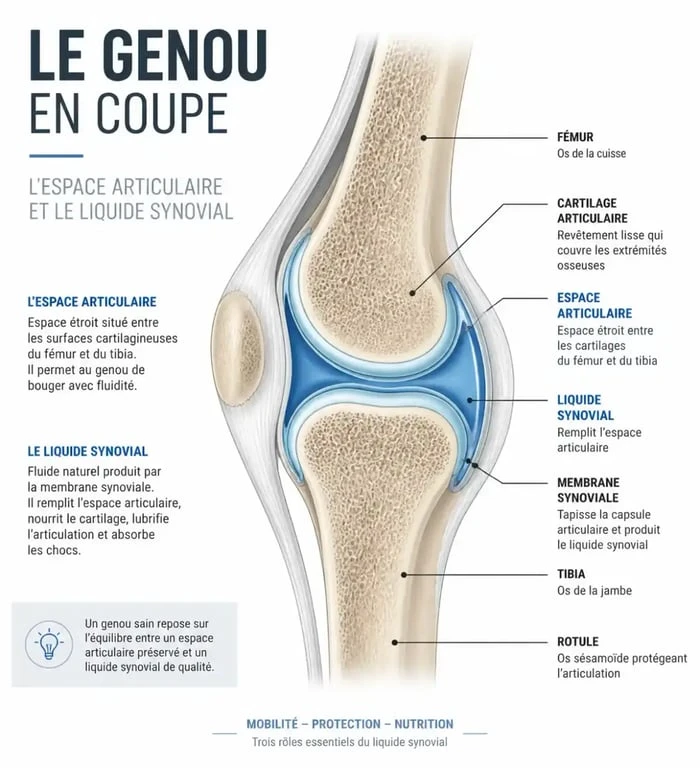 Schéma explicatif du fonctionnement de l'acide hyaluronique pour genoux dans l'articulation