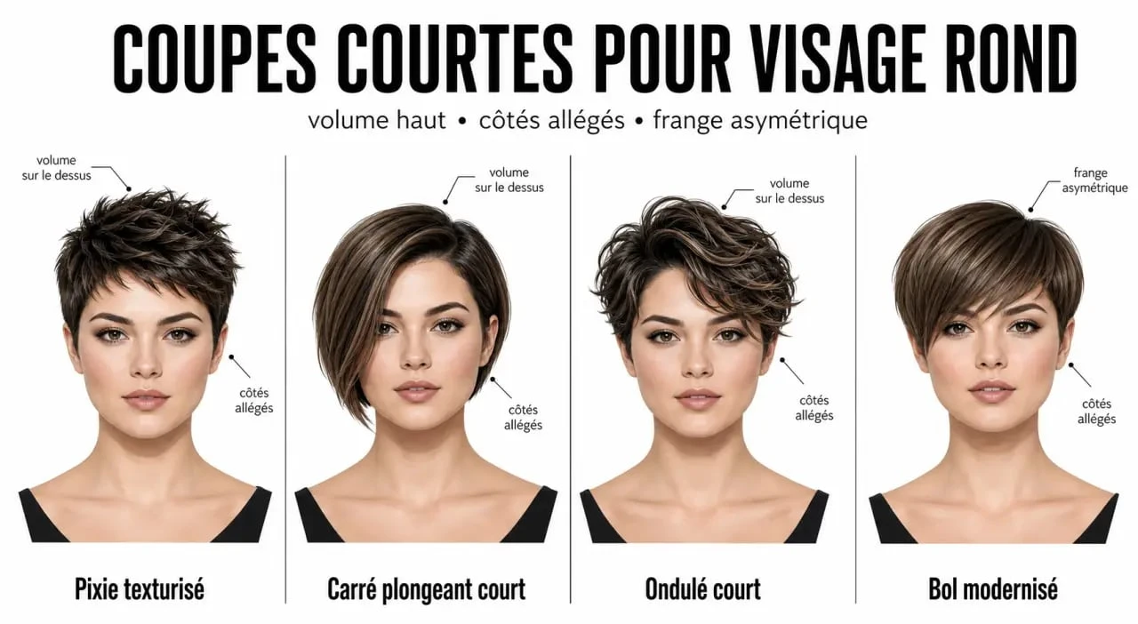 Femme ronde cheveux court : comparatif de coupes courtes flatteuses pour visage rond