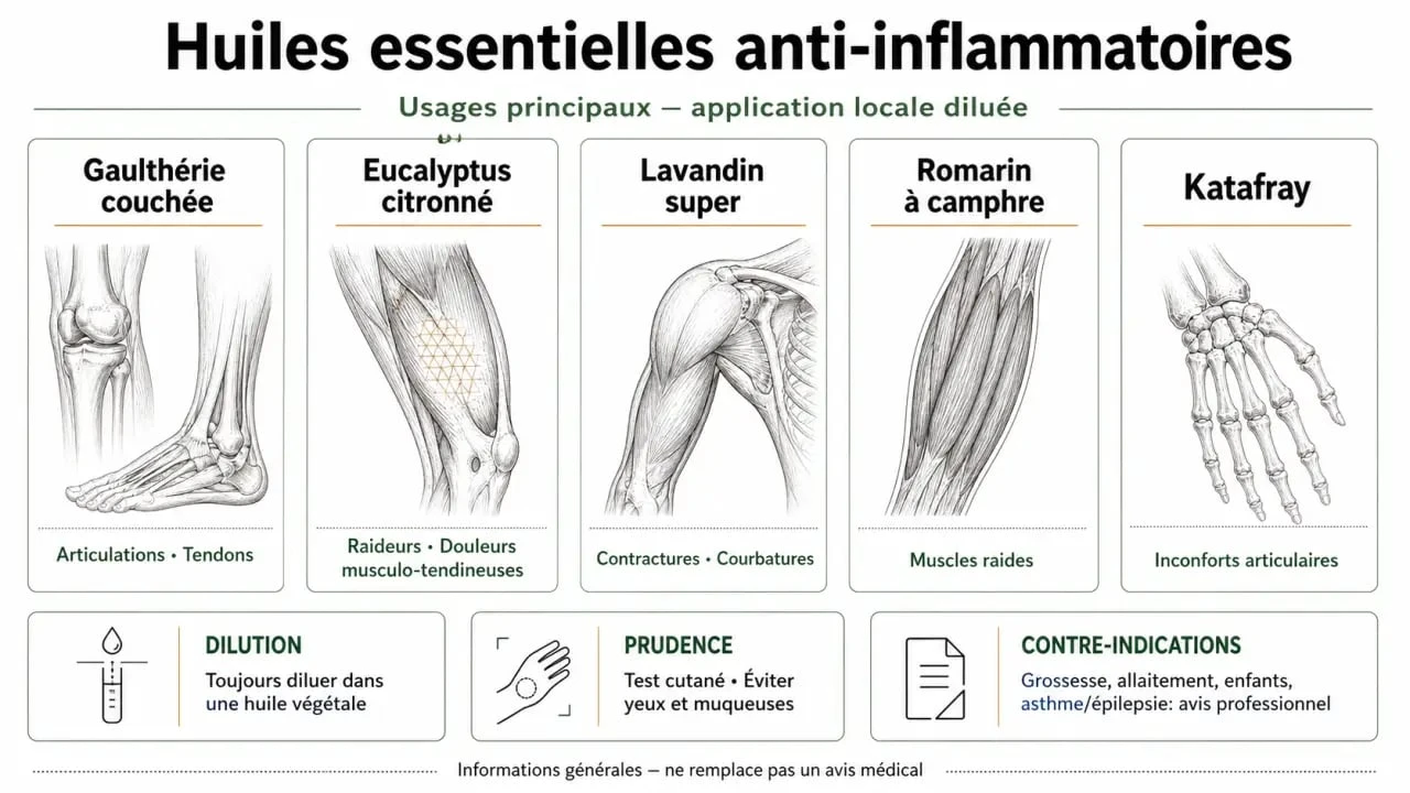 Huiles essentielles anti inflammatoire : tableau visuel des huiles et usages selon la douleur