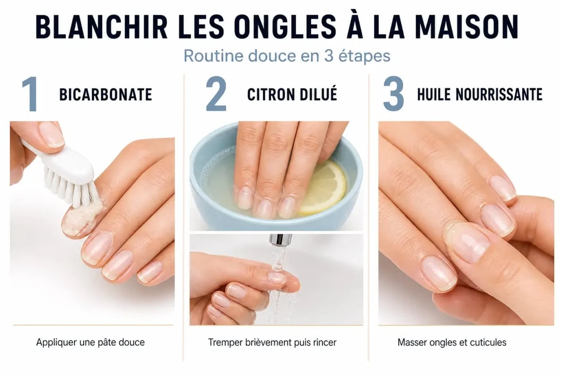 Blanchir ongles : routine maison en trois étapes avec bicarbonate, citron dilué et huile nourrissante