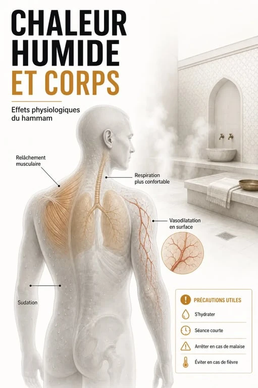 Hammam bienfaits : infographie des effets de la chaleur humide sur la circulation, la peau, la respiration et les précautions