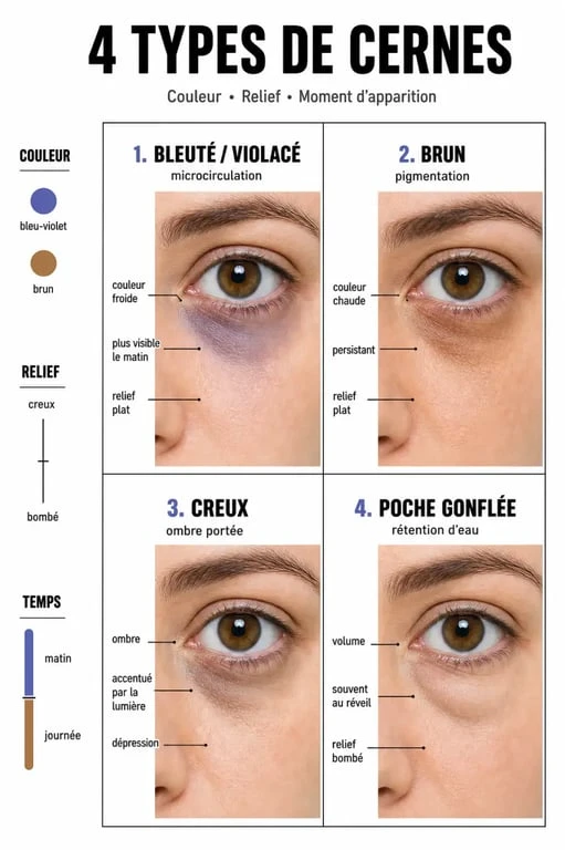Cerne sous les yeux cause : visuel comparatif des cernes bleus, bruns, creux et des poches