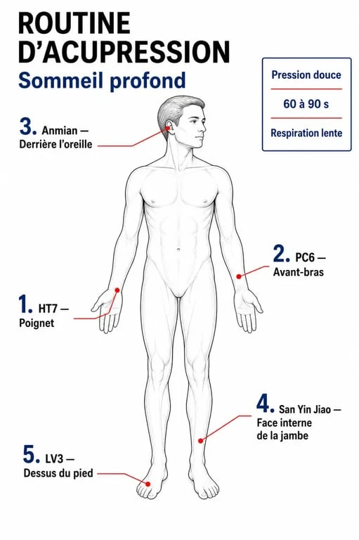 Point acupuncture sommeil profond : schéma des points HT7, PC6, Anmian, San Yin Jiao et LV3 pour mieux dormir