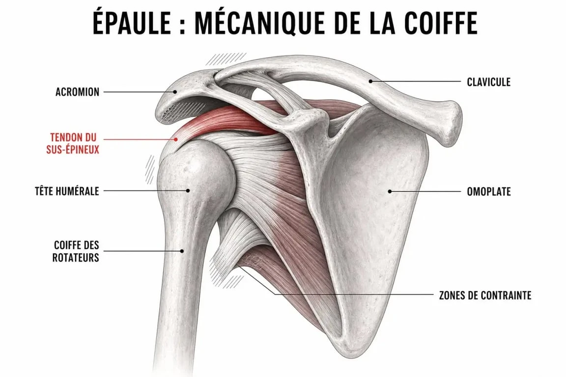 Tendinite épaule ostéopathe : schéma simplifié des structures de l’épaule et des contraintes mécaniques