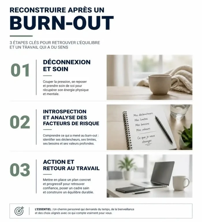 Infographie des étapes pour rebondir après un burn-out : soin, introspection et retour au travail