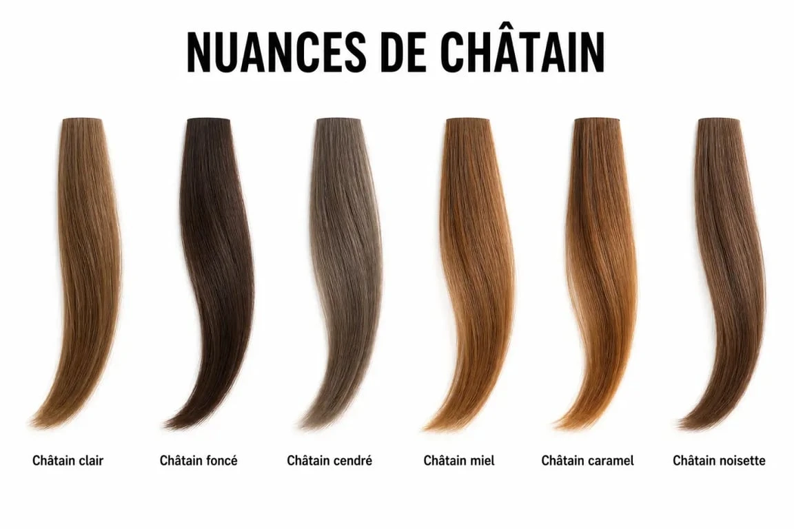 Chatain couleur cheveux : comparaison visuelle des nuances clair, foncé, cendré, miel, caramel et noisette