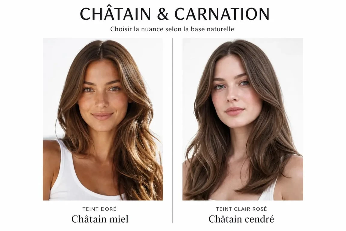 Chatain couleur cheveux : rendu selon la carnation et la base naturelle, du châtain miel au châtain cendré