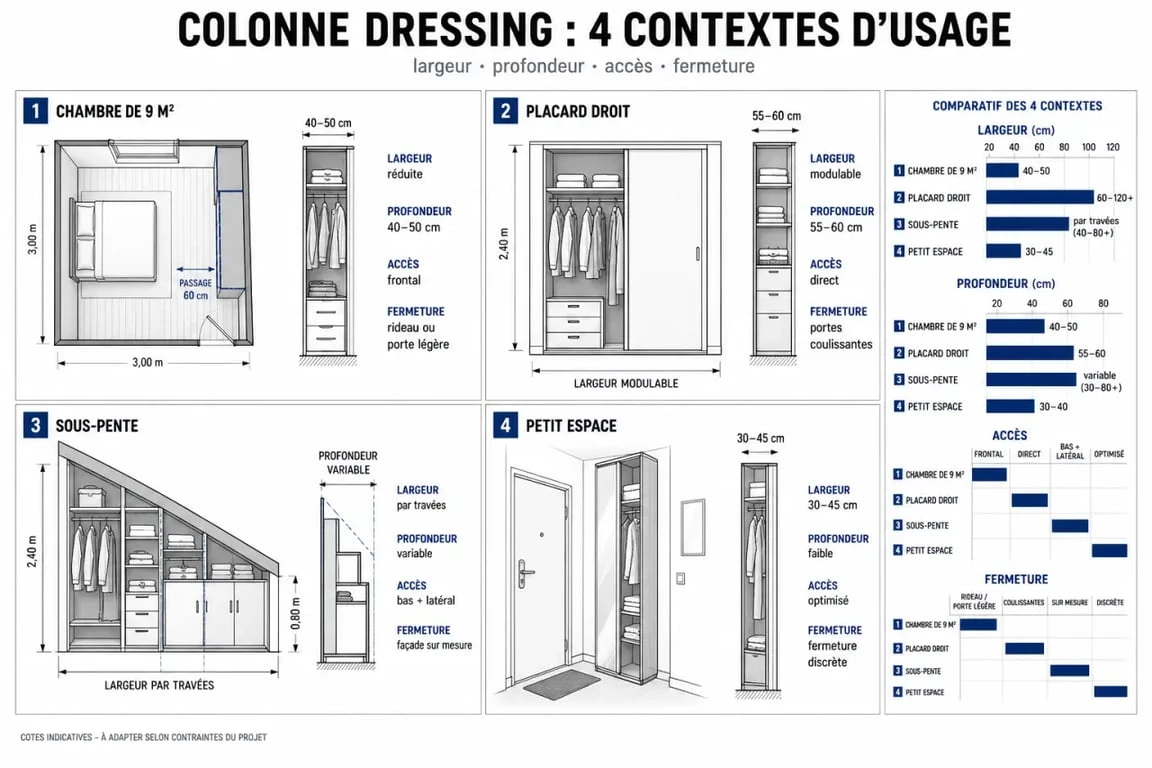 Colonne dressing illustrée dans quatre configurations de pièce : chambre, placard, sous-pente et petit espace