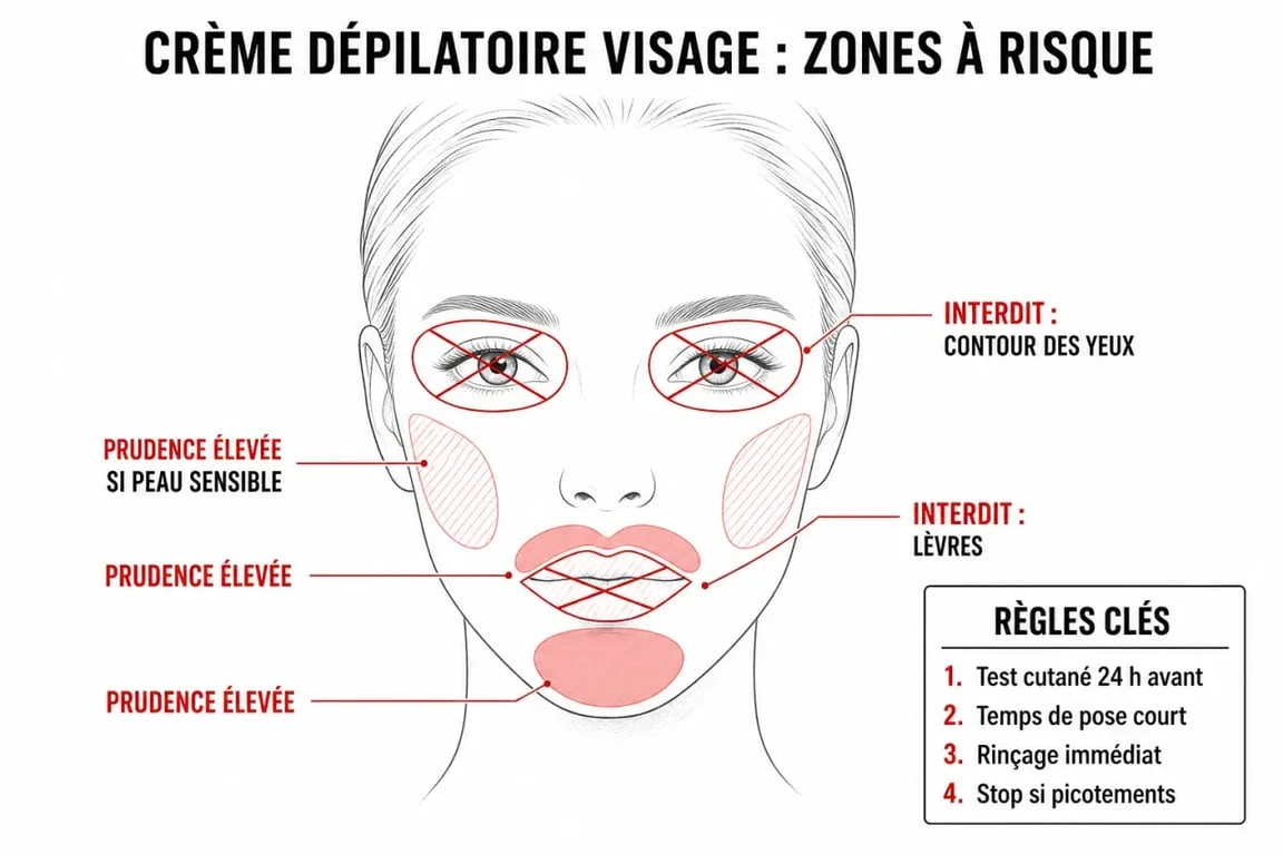 Crème dépilatoire visage danger : schéma des zones à éviter et des conseils de sécurité