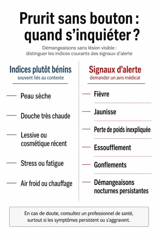 Signaux d’alerte pour ça me gratte partout sans bouton stress avec comparaison entre causes bénignes et consultation médicale