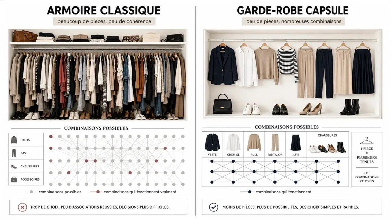 Comparaison garde robe capsule et dressing classique encombré, organisée en deux colonnes