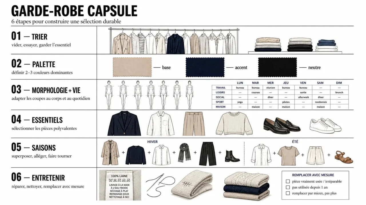 Guide visuel garde robe capsule en 6 étapes pour trier, choisir les couleurs et construire un dressing cohérent