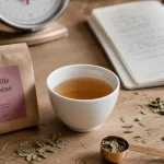 Feuille de séné, tasse d’infusion ambrée et dose précise