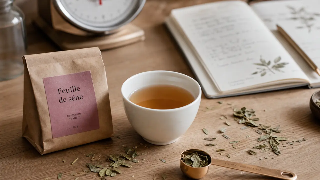 Feuille de séné, tasse d’infusion ambrée et dose précise