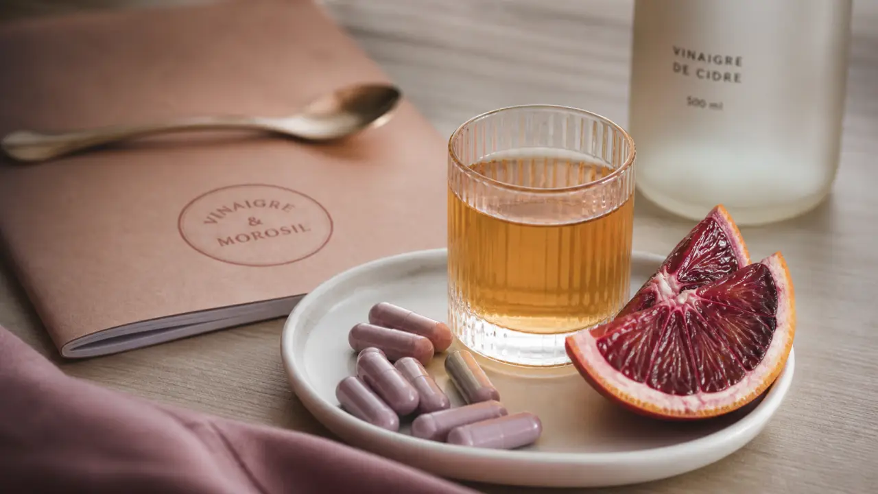 Morosil vinaigre de cidre avis : gélules et vinaigre de cidre sur table