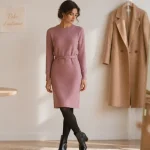 Robe automne femme en maille midi mauve rosé avec collants noirs