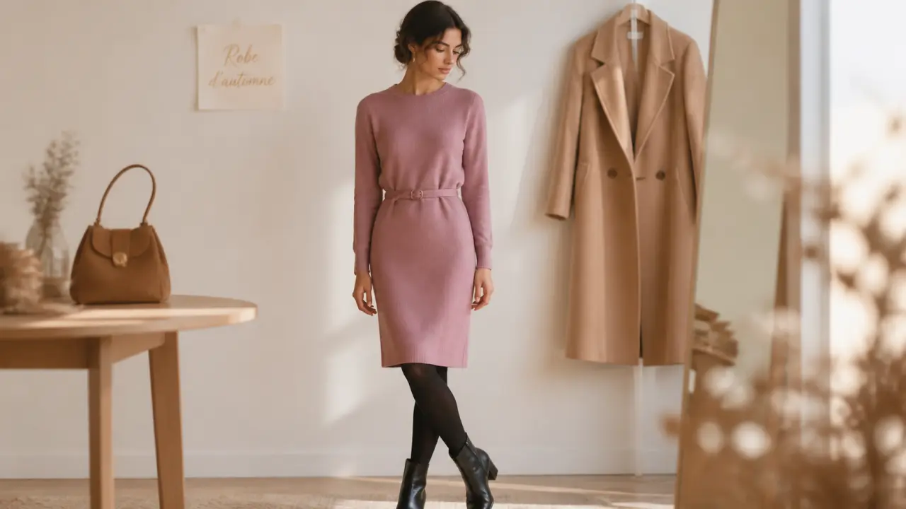 Robe automne femme en maille midi mauve rosé avec collants noirs