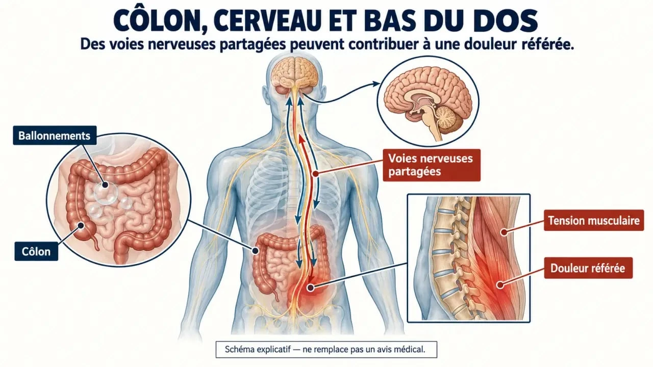 Schéma expliquant le lien entre symptôme du côlon irritable et mal de dos par la douleur référée