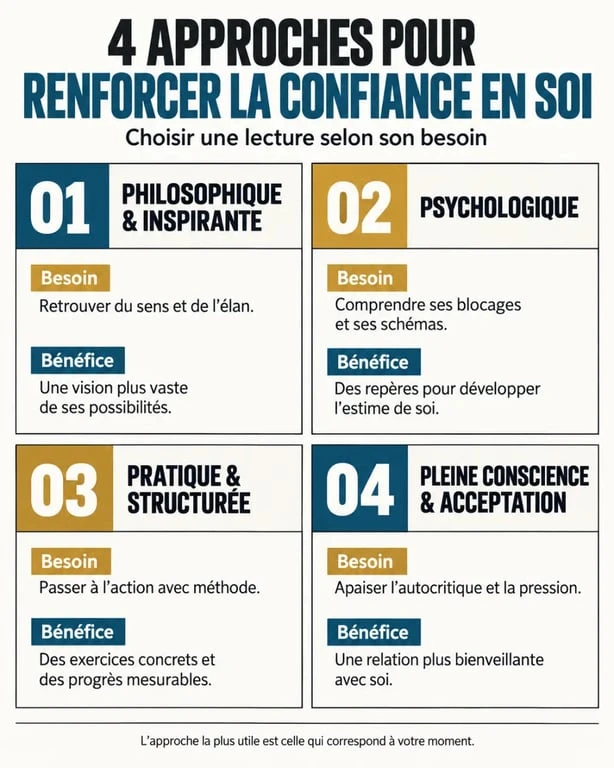 Infographie des quatre approches pour choisir un livre sur la confiance en soi