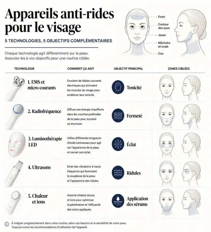 Infographie comparative des technologies d’un appareil anti ride visage selon les besoins et les zones ciblées