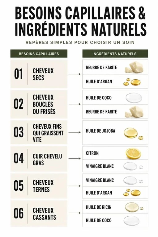 Produit naturel pour cheveux : comparatif visuel des ingrédients naturels selon le besoin capillaire