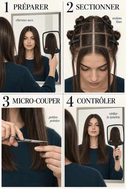 Se couper les cheveux soi-même : étapes pour couper les pointes devant un miroir