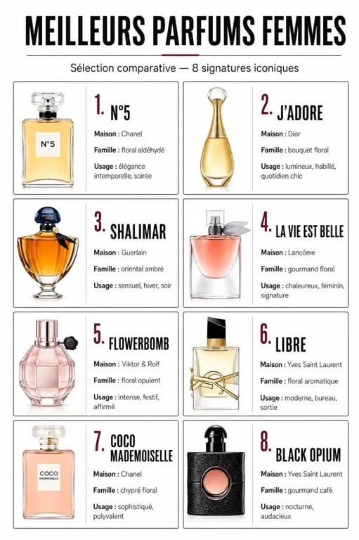 Comparatif des meilleurs parfums femmes avec familles olfactives et profils d’usage