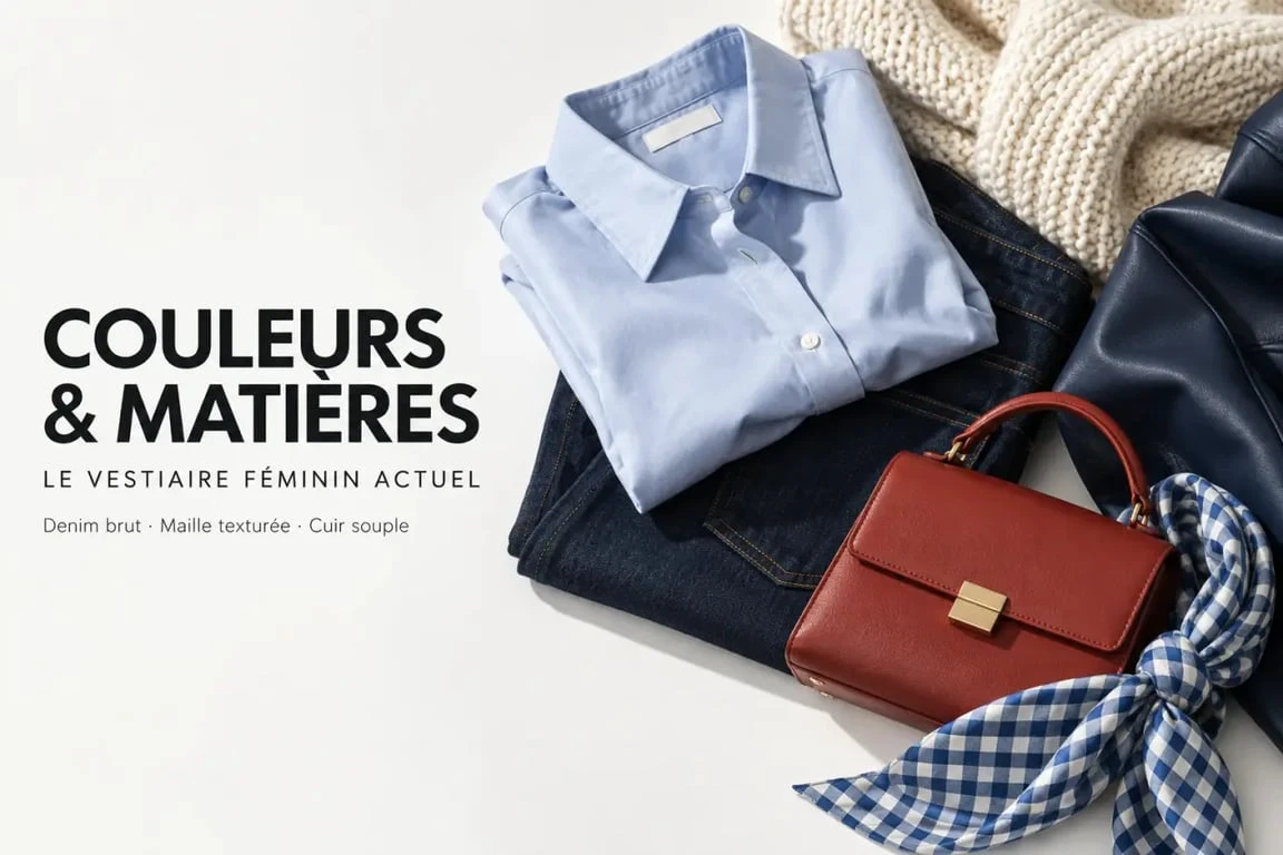 Mode actuelle femme : associations de bleu pastel, denim brut, maille et accessoires colorés