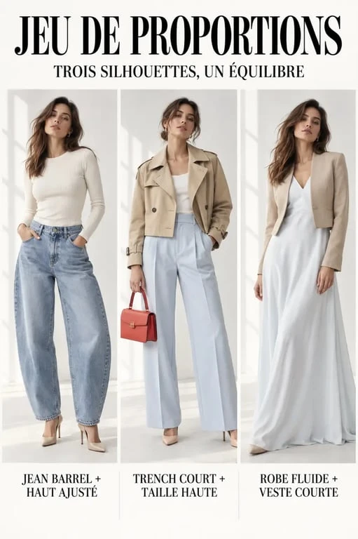 Mode actuelle femme : trois silhouettes avec jean barrel, trench court et robe longue fluide