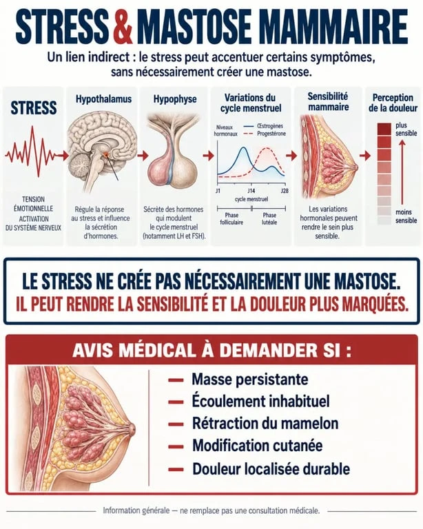 Schéma du lien indirect entre mastose mammaire et stress, cycle hormonal et signes nécessitant une consultation