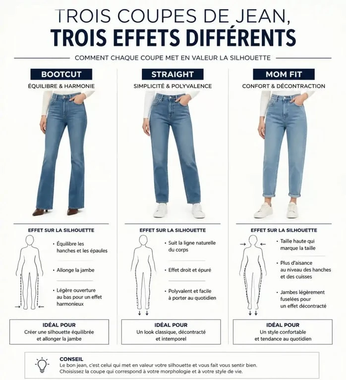 Comparatif visuel des coupes de jean femme pour choisir le modèle adapté à sa morphologie