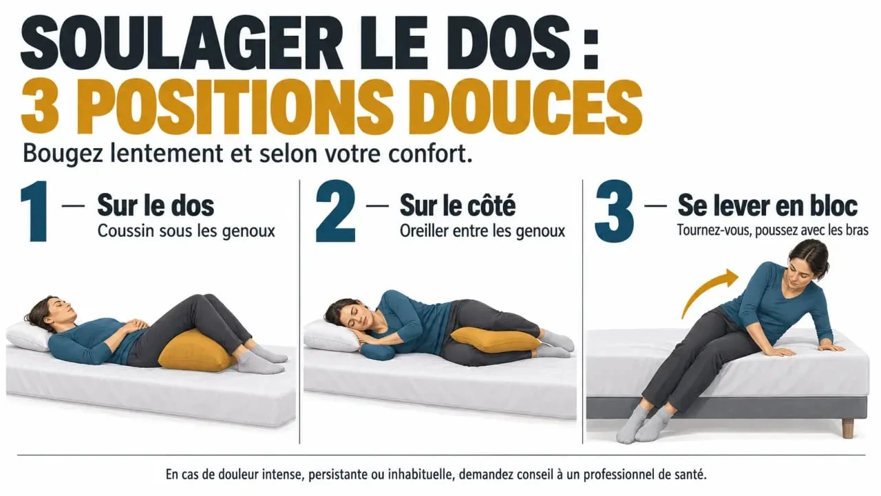 Illustration des positions et gestes pour soulager un mal de dos