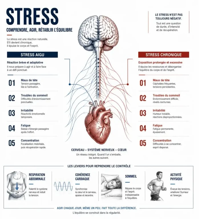 Gestion stress : schéma du stress aigu et chronique avec symptômes et solutions quotidiennes