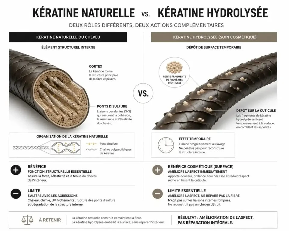 Kératine pour cheveux naturelle ou hydrolysée : comparaison du rôle dans la fibre capillaire