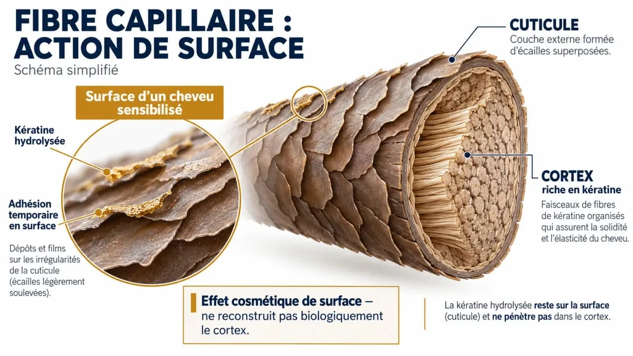 Schéma de la kératine pour cheveux dans la cuticule et le cortex de la fibre capillaire