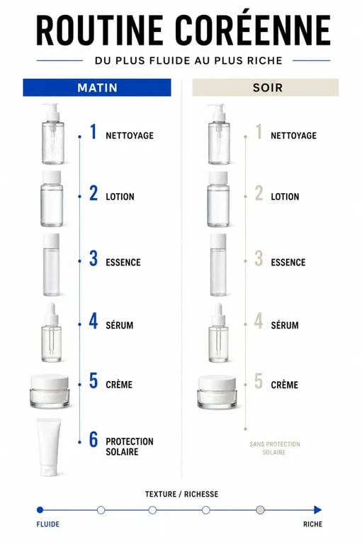 Étapes de la routine beauté coréenne du nettoyage à la protection solaire